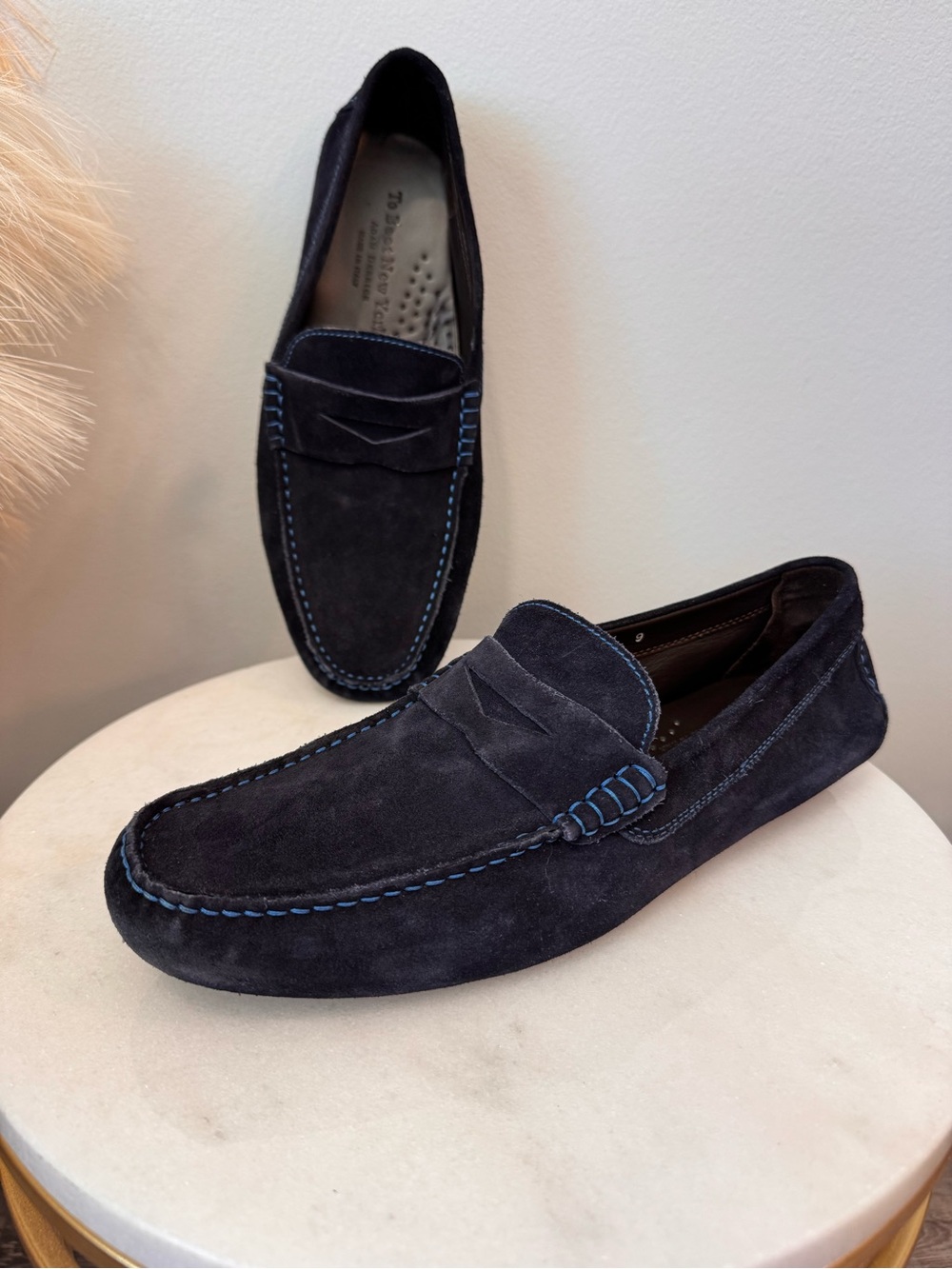 To Boot Navy Suede Penny Loafers with Contrast Stitching